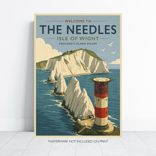 The Needles Isle of Wight Print Vintage Travel Poster Lighthouse Wall Art UK Coastal Decor Seaside Landscape Retro A4 A3 A2 A1