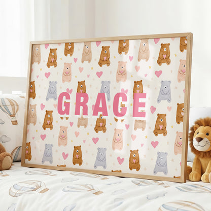 Personalised bear nursery wall art with child's name, watercolour bears, pink hearts and stars