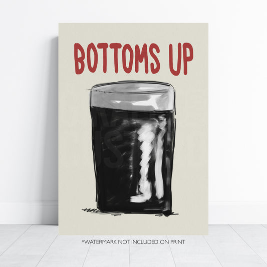 Bottoms Up Print Funny Bar Wall Art Drinking Poster Minimalist Alcohol Art Pub Decor Cocktail Gift Kitchen Wall A4 A3 A2 A1