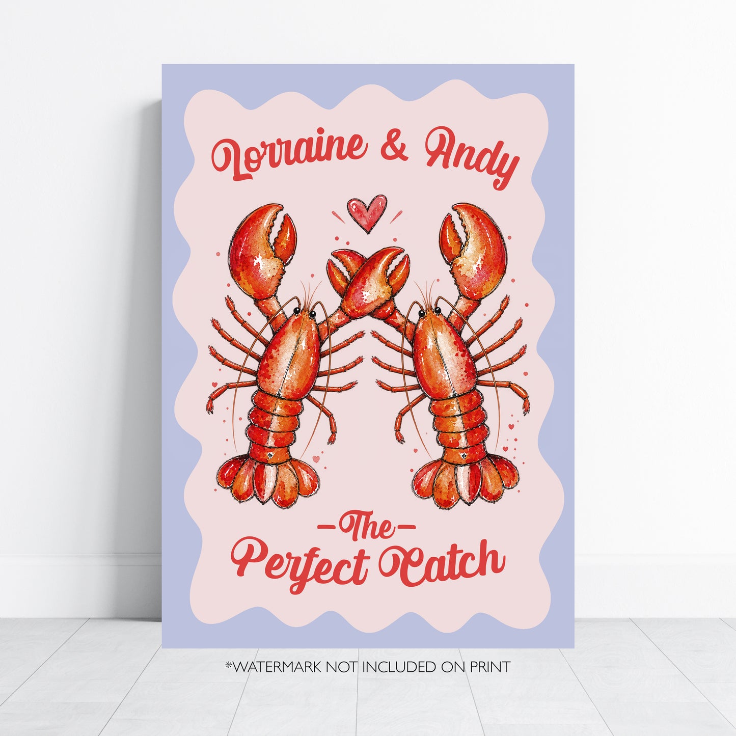 Personalised Lobster Couple Print, Perfect Catch Wedding Gift, Anniversary Wall Art, Coastal Love Print, A4 A3 A2 A1