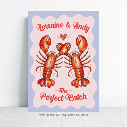 Personalised Lobster Couple Print, Perfect Catch Wedding Gift, Anniversary Wall Art, Coastal Love Print, A4 A3 A2 A1