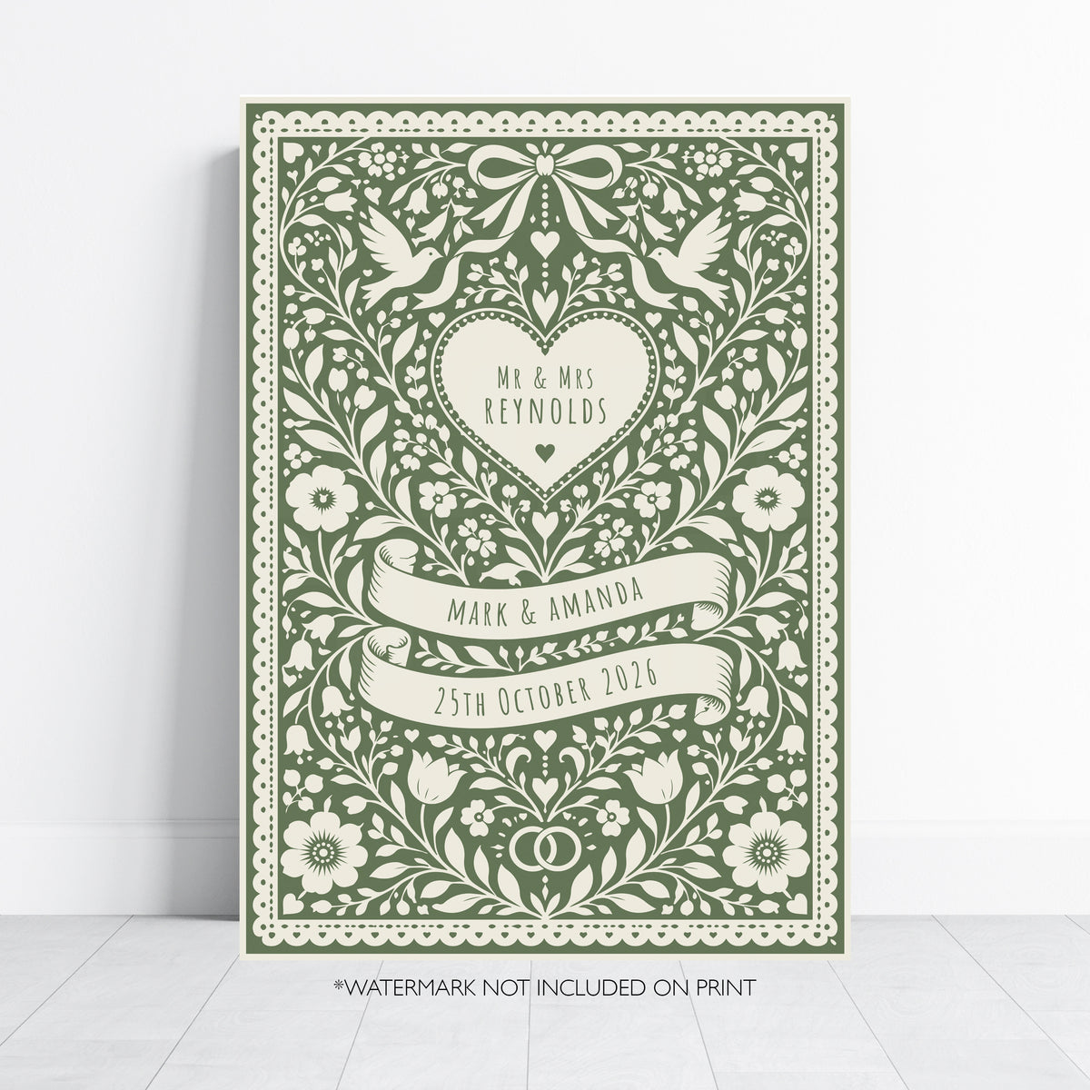 Personalised Folk Art Wedding Print – Custom Couple & Wedding Date Wall Art