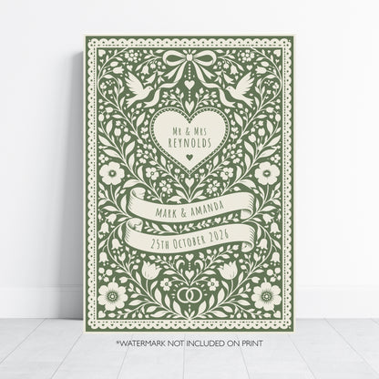 Personalised Folk Art Wedding Print – Custom Couple & Wedding Date Wall Art