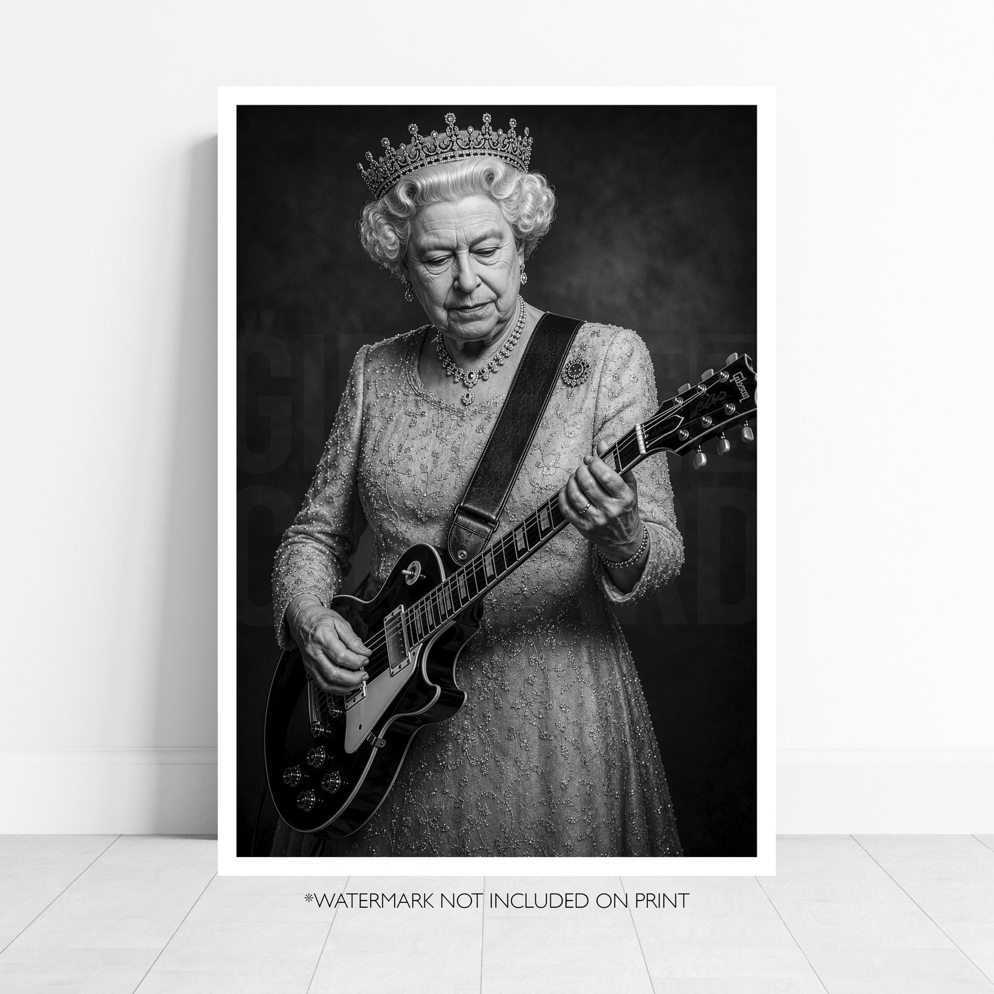 Queen Elizabeth II Guitar Print, Royal Rock Wall Art, British Music Poster, Black and White Queen Portrait, Alternative Royal Art