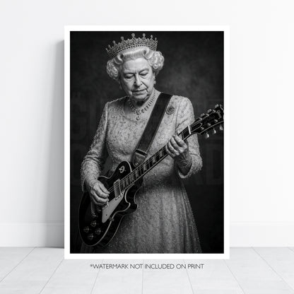 Queen Elizabeth II Guitar Print, Royal Rock Wall Art, British Music Poster, Black and White Queen Portrait, Alternative Royal Art
