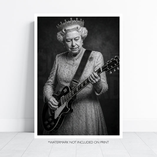 Queen Elizabeth II Guitar Print, Royal Rock Wall Art, British Music Poster, Black and White Queen Portrait, Alternative Royal Art
