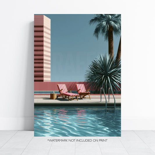 Retro Poolside Wall Art Print, Mid Century Swimming Pool Poster, Palm Tree Art, Summer Holiday Decor, Colourful Pool Print A4 A3 A2 A1 DH02