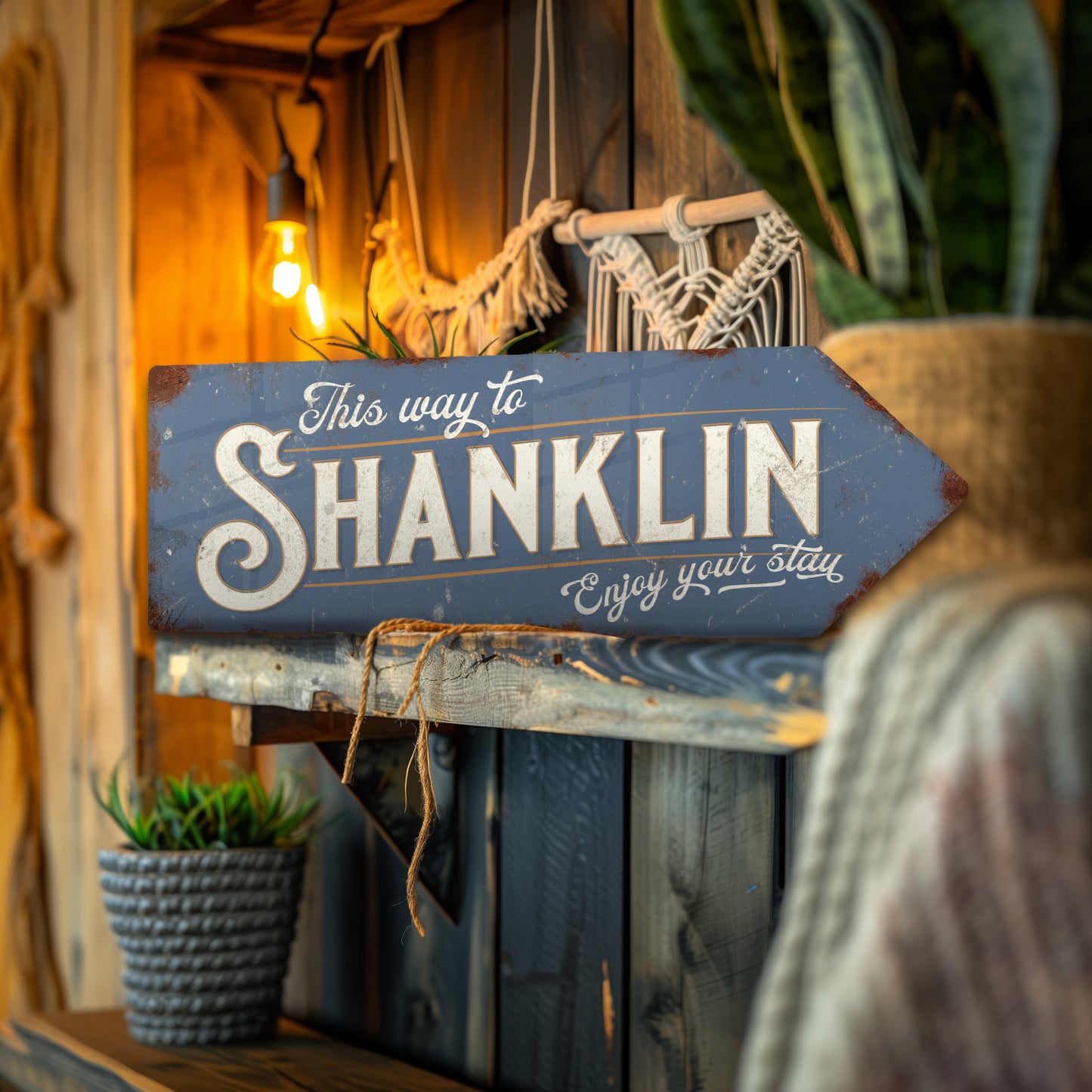 Decorative sign with 'This way to Shanklin' text in a rustic setting.