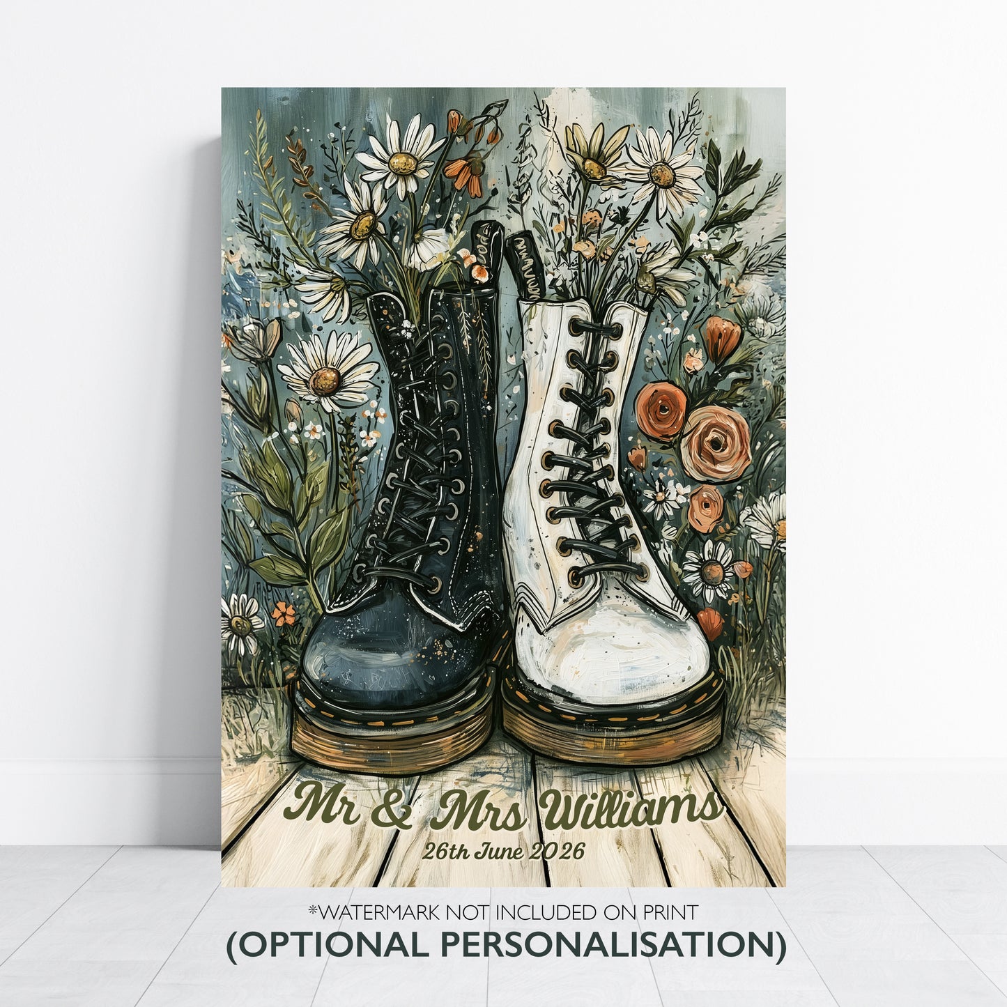 Personalised Wedding Print, Gothic, Indie Boots Couple Art, Alternative Wedding Gift, Custom Newlywed Print, Anniversary Gift A4 A3 A2 A1