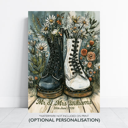 Personalised Wedding Print, Gothic, Indie Boots Couple Art, Alternative Wedding Gift, Custom Newlywed Print, Anniversary Gift A4 A3 A2 A1