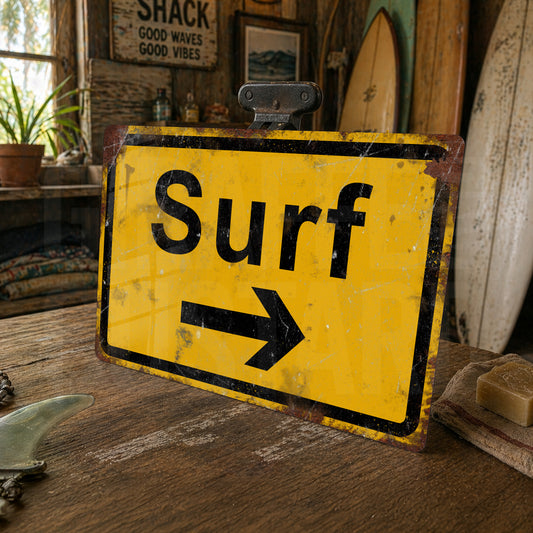 Vintage Surfing Metal Sign: Retro Man Cave Surf Shack Decor, Funny Surfers Art Road Sign