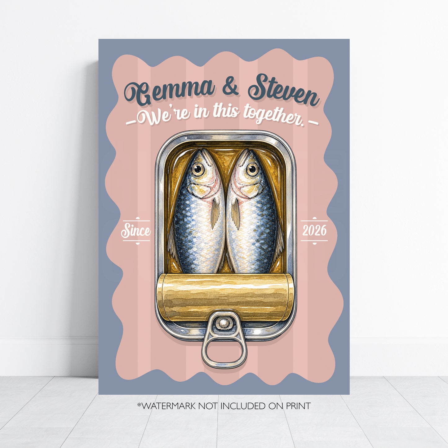 Personalised Sardines Couple Print, We're In This Together Wedding Gift, Anniversary Wall Art, Coastal Love Print, A4 A3 A2 A1