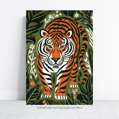 Tiger Wall Art Print, Jungle Animal Poster, Botanical Tiger Art, Folk Art Wildlife Decor, Maximalist Print, A4 A3 A2 A1