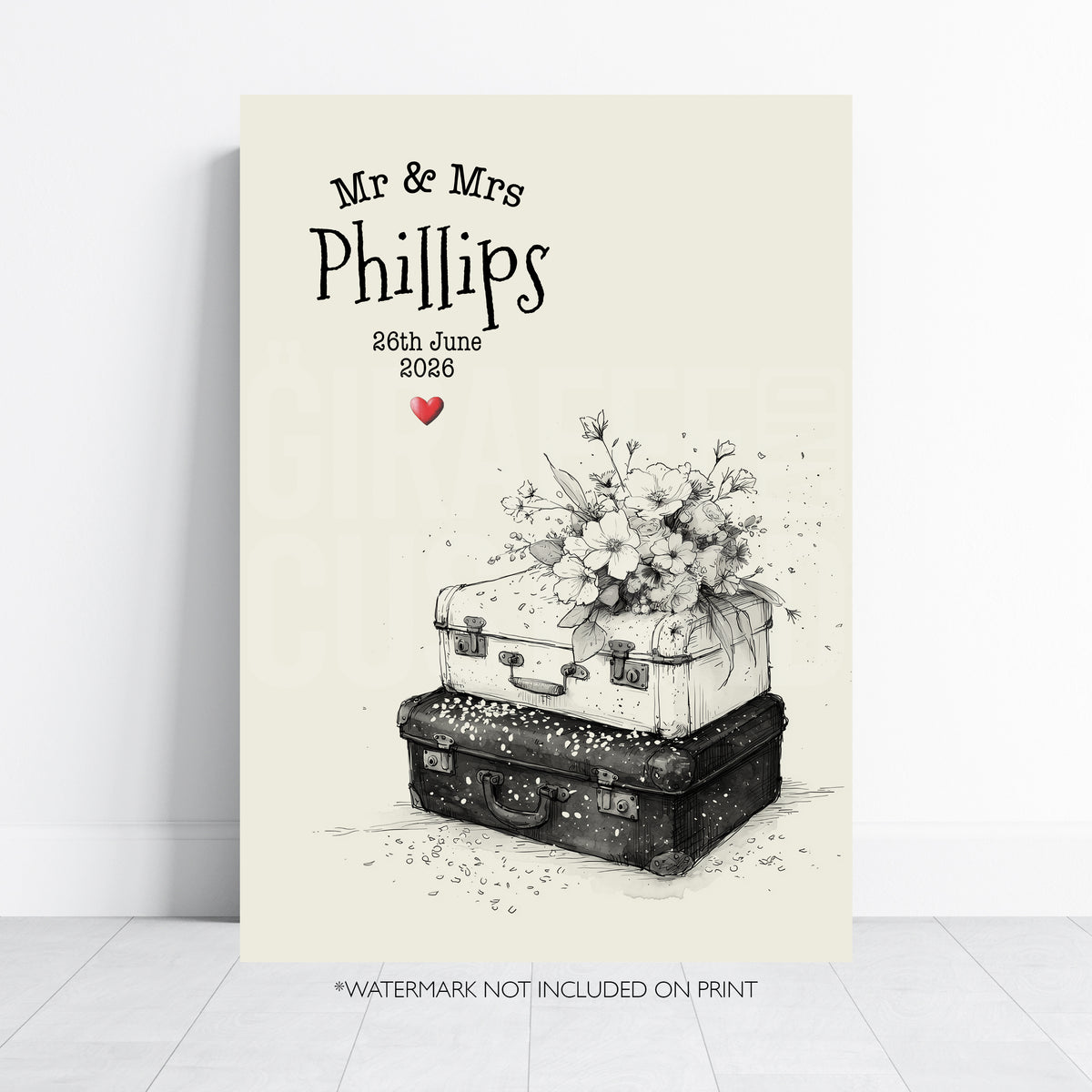 Personalised vintage suitcase wedding print with floral bouquet, married surname and wedding date