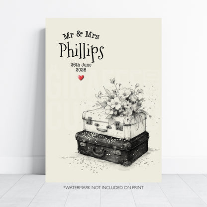 Personalised vintage suitcase wedding print with floral bouquet, married surname and wedding date