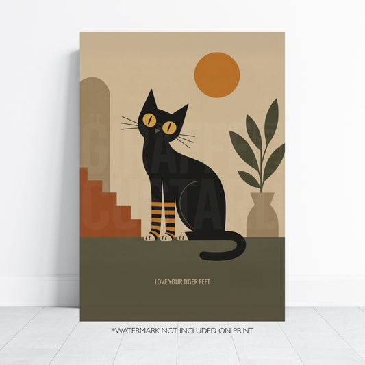 Black Cat Tiger Feet Print Mid Century Modern Wall Art Minimalist Cat Poster Retro Home Decor Cat Lover Gift Abstract Illustration