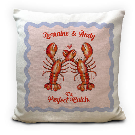 Personalised Lobster Cushion Cover, Couples Gift, Perfect Catch Pillow, Anniversary Wedding Gift, Custom Names, Coastal Home Decor