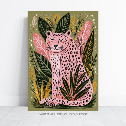 Pink Leopard Wall Art Print, Boho Jungle Animal Poster, Folk Art Botanical Decor, Maximalist Leopard Print, A4 A3 A2 A1