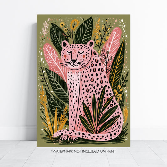 Pink Leopard Wall Art Print, Boho Jungle Animal Poster, Folk Art Botanical Decor, Maximalist Leopard Print, A4 A3 A2 A1