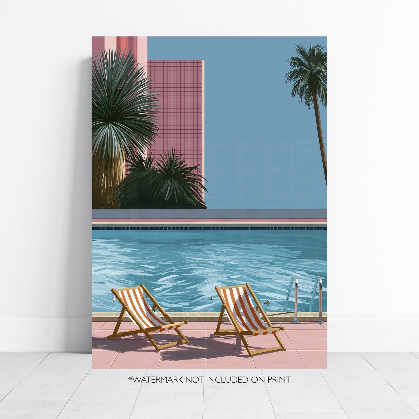 Retro Poolside Wall Art Print, Swimming Pool Poster, Palm Tree Art, Mid Century Summer Decor, Colourful Holiday Print A4 A3 A2 A DH01