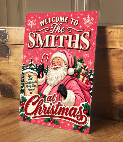 Personalised Christmas Metal Sign – Santa Family Name Sign, Vintage Festive Wall Art, Custom Christmas Aluminium Sign