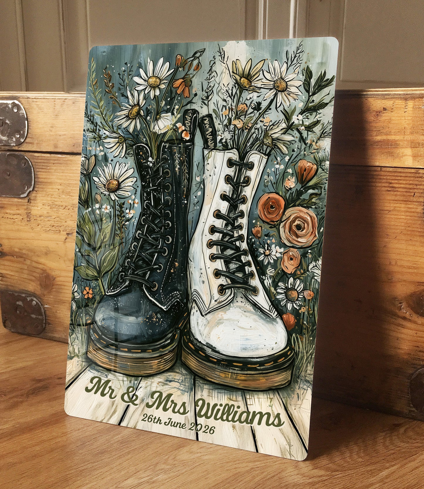 Personalised Wedding Metal Sign – Alternative Couple Wedding Gift, Custom Names & Date Wall Art, Romantic Boots Aluminium Print