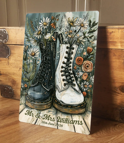 Personalised Wedding Metal Sign – Alternative Couple Wedding Gift, Custom Names & Date Wall Art, Romantic Boots Aluminium Print