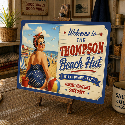 Personalised Beach Hut Metal Sign – Vintage Seaside Wall Art, Custom Family Name Sign, Retro Coastal Decor Aluminium Plaque
