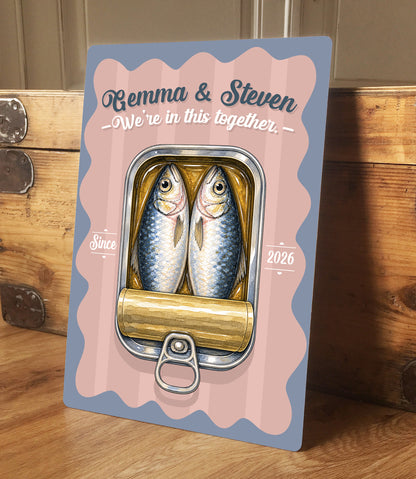 Personalised Couple Sardines Metal Sign – Wedding Anniversary Gift, Romantic Coastal Wall Art, Custom Names Aluminium Love Sign