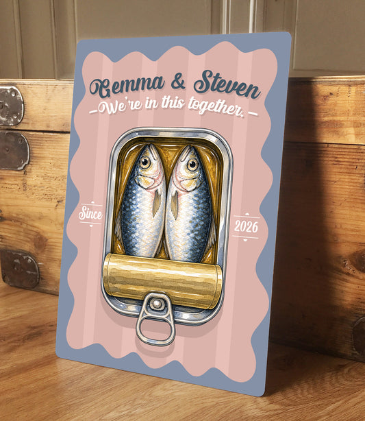 Personalised Couple Sardines Metal Sign – Wedding Anniversary Gift, Romantic Coastal Wall Art, Custom Names Aluminium Love Sign