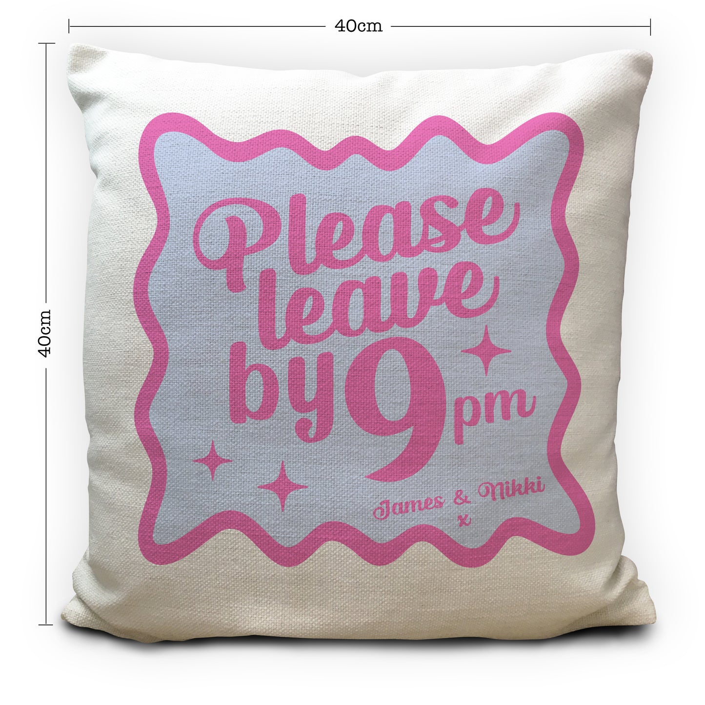 Personalised Please Leave by 9pm Cushion Cover, Funny Couples Gift, Custom Names Pillow, Quirky Home Decor, Housewarming Gift