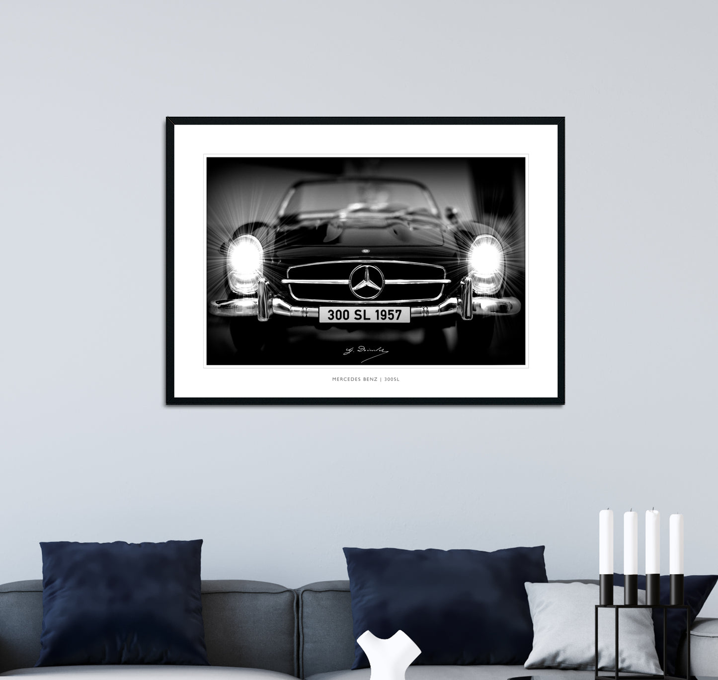 Mercedes 300SL Vintage Classic Art Print Poster framed on wall