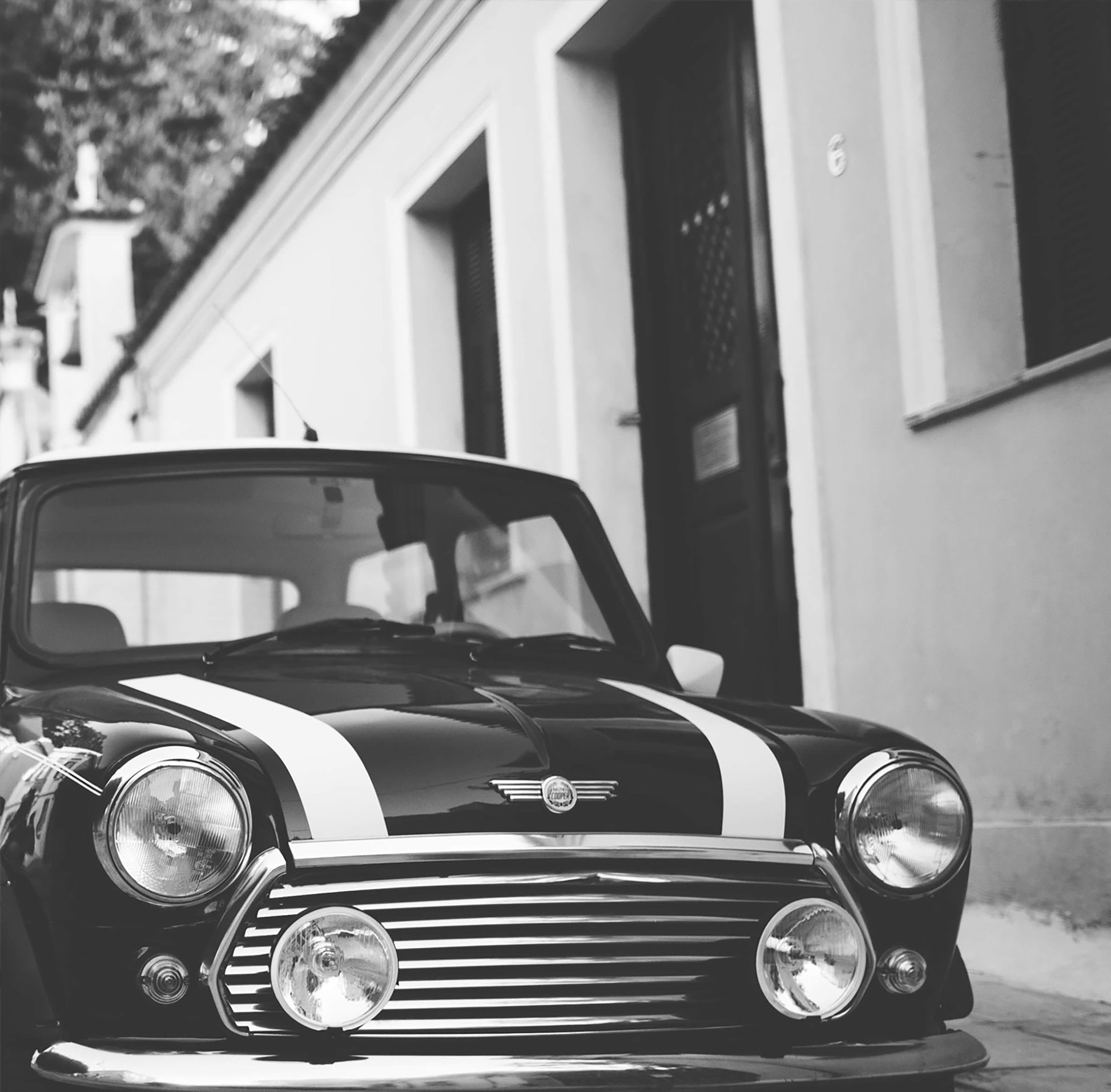 Classic Mini Cooper black and white traditional wall art print poster close 2