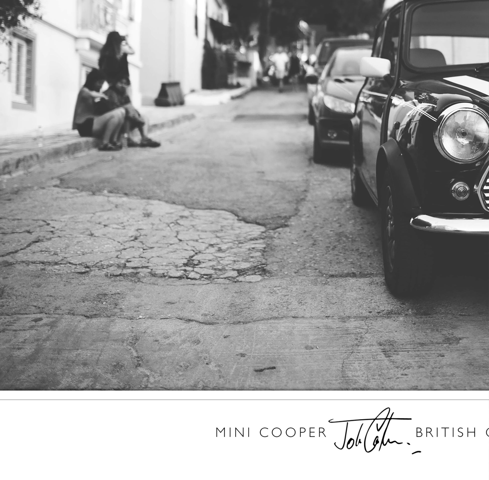 Classic Mini Cooper black and white traditional wall art print poster close 3
