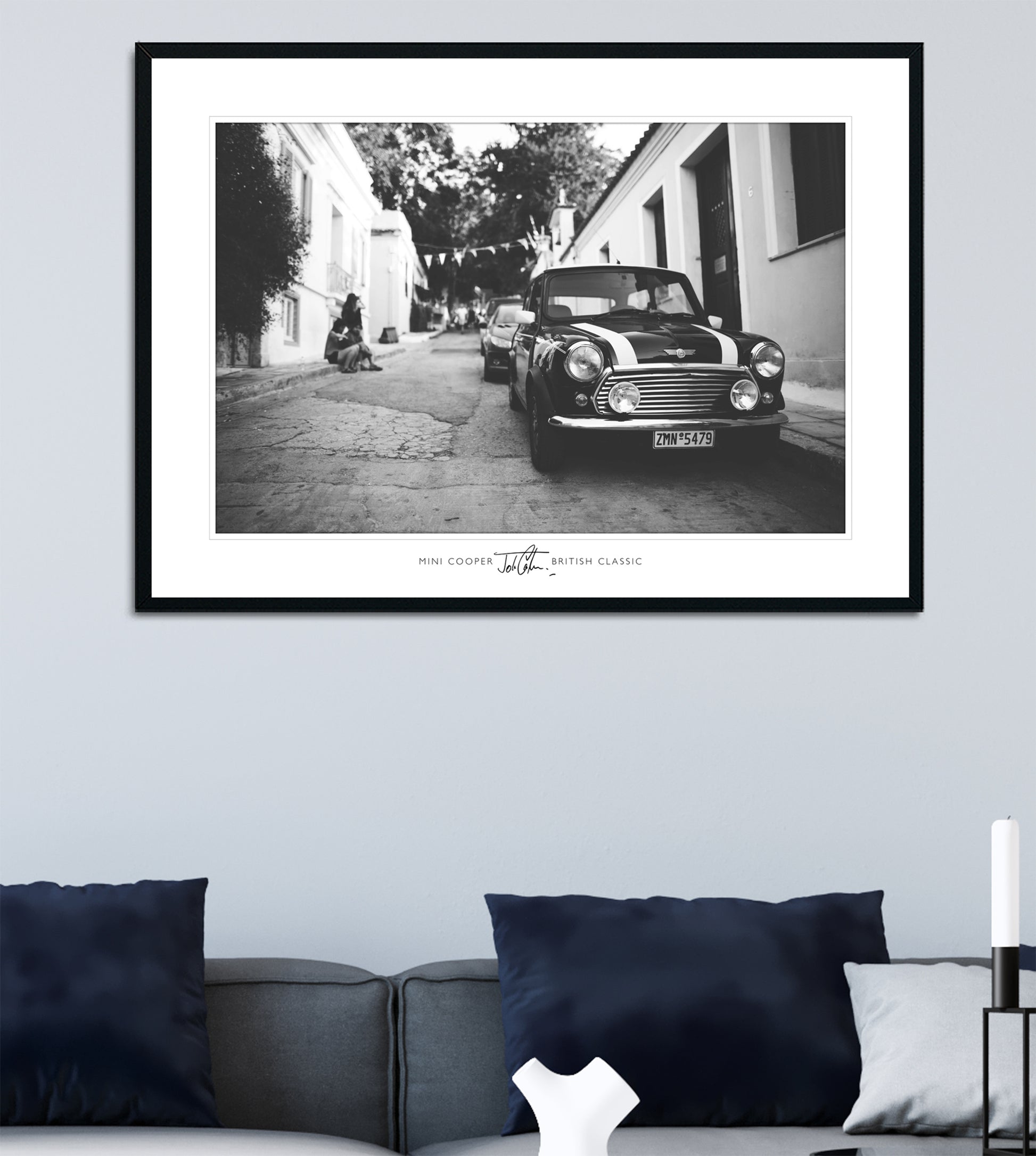 Classic Mini Cooper black and white traditional wall art print poster framed on wall