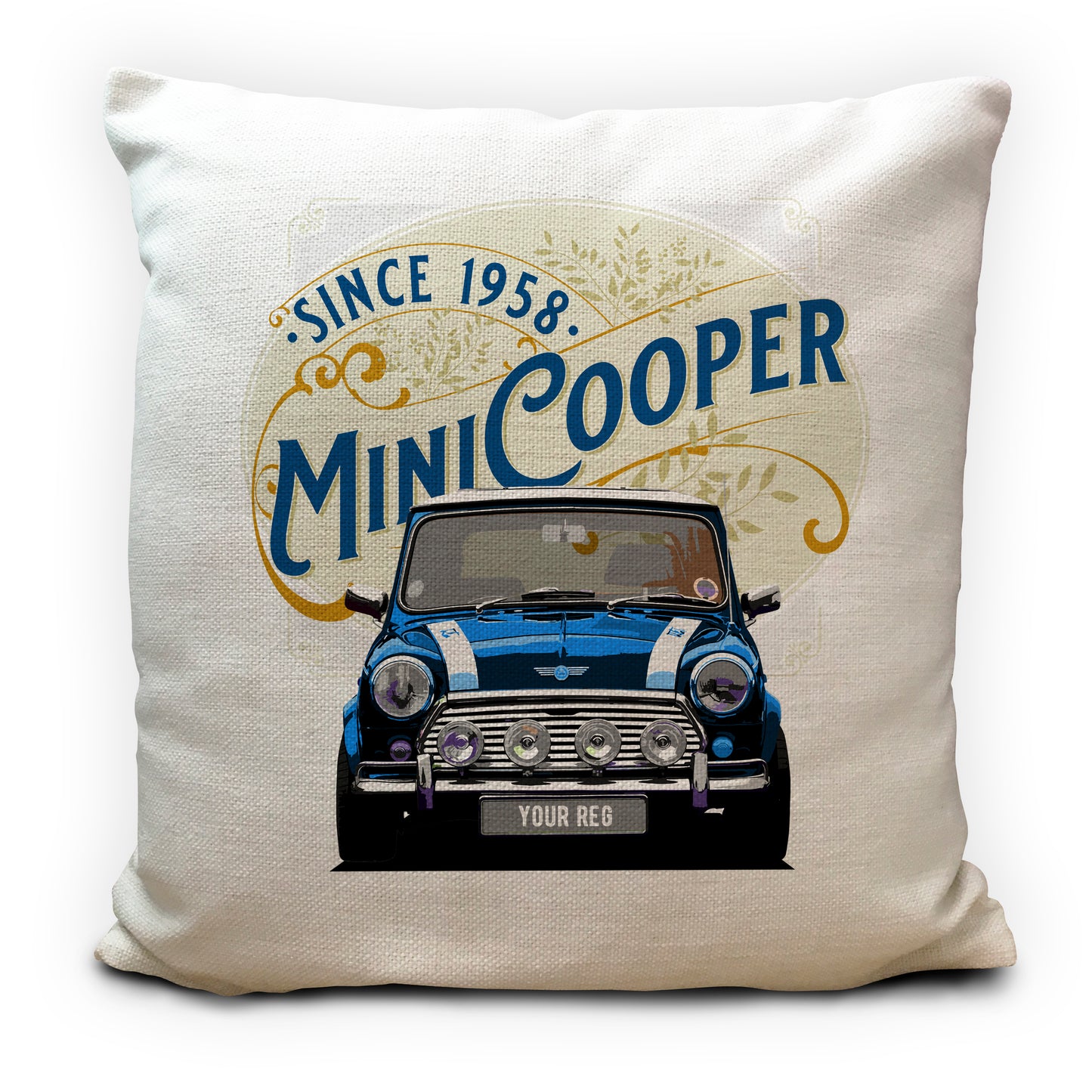 Personalised Mini Cooper 1960s Cushion with Personalised number plate shown in blue colour