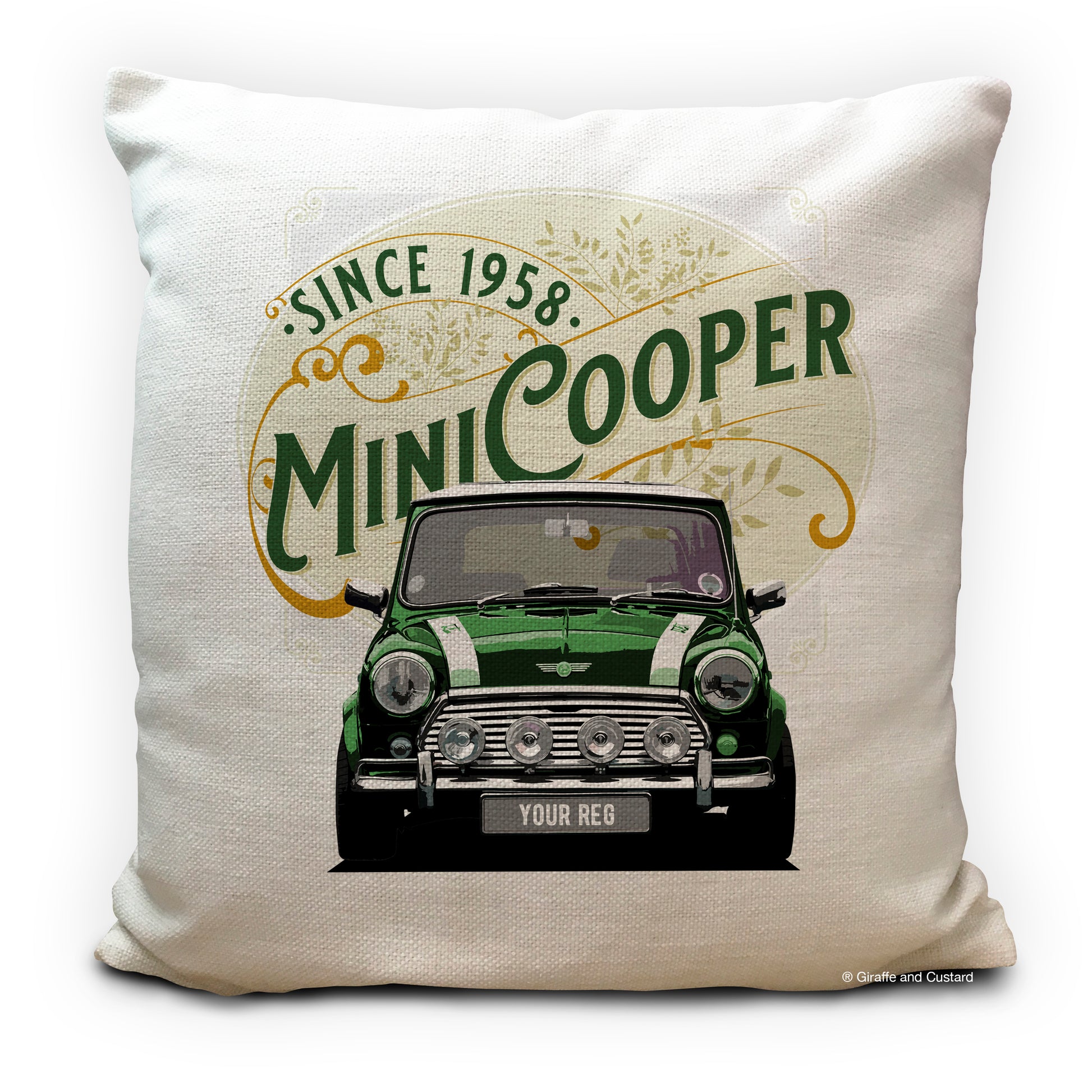Personalised Mini Cooper 1960s Cushion with Personalised number plate shown in green colour