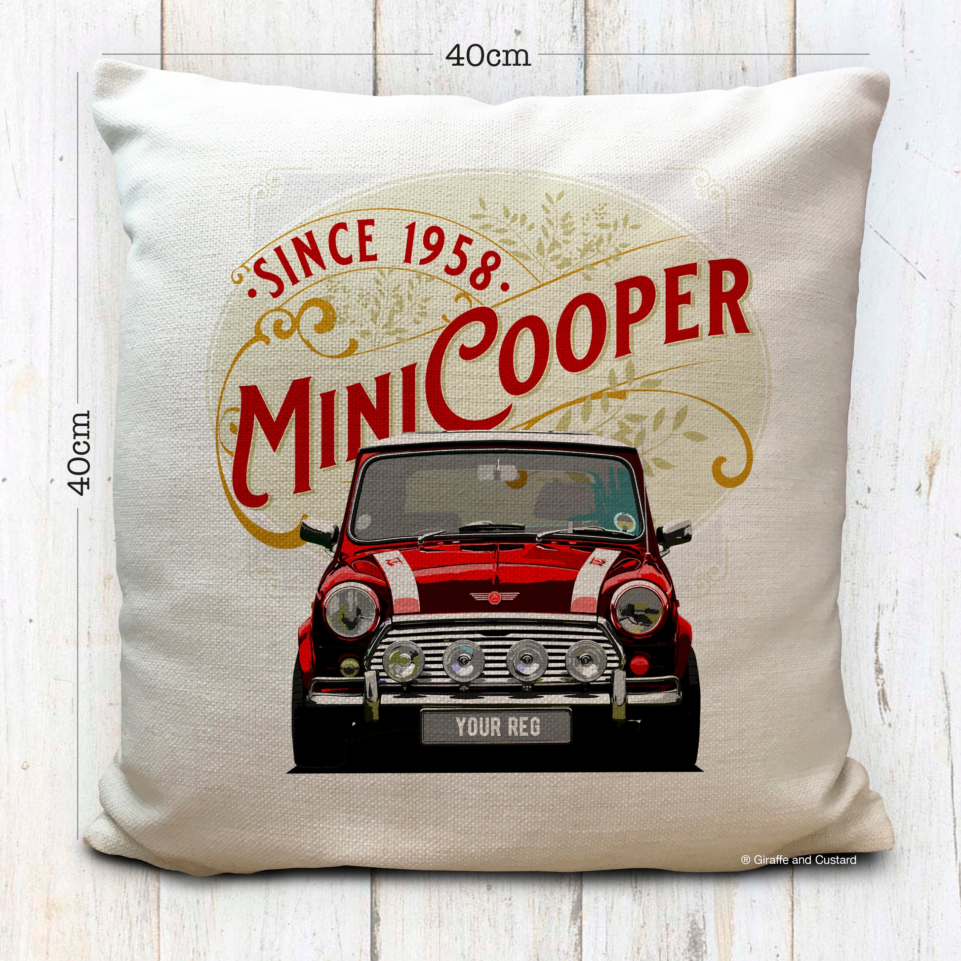 Personalised Mini Cooper 1960s Cushion with Personalised number plate shown in red colour measurements