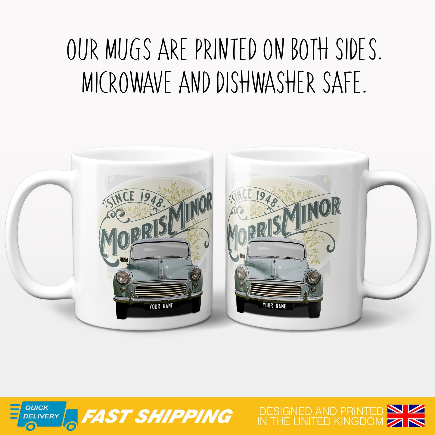 Personalised Morris Minor Vintage Car Gift Mug - Ceramic 11oz Image showing 2 mugs with front and back artwork