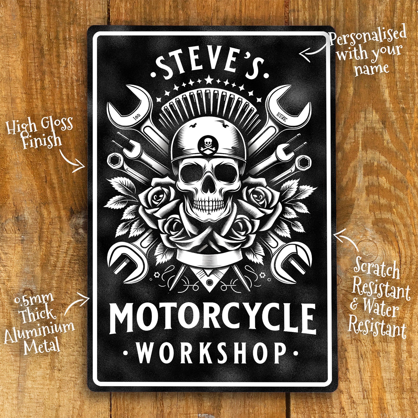 Personalised Motorcycle Workshop Metal Sign depicting skull and crossbones style graphic with mechanics tools details
