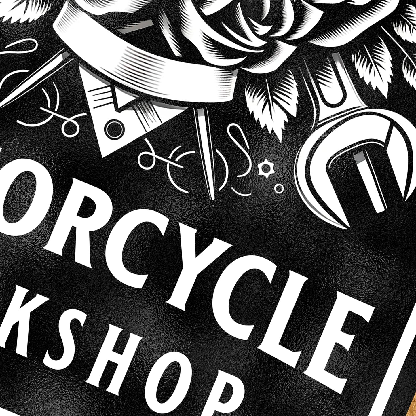 Personalised Motorcycle Workshop Metal Sign depicting skull and crossbones style graphic with mechanics tools close 3