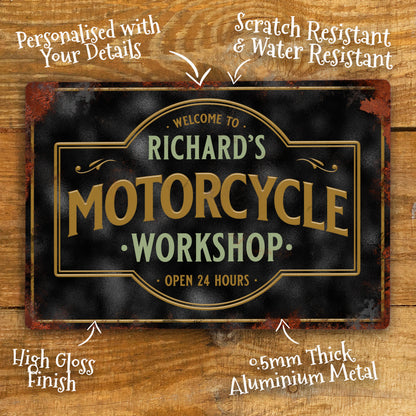 Personalised Motorcycle Workshop Sign Metal Man Cave Custom Sign 305 x 200mm