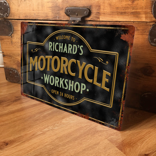 Vintage-style sign for Richard's Motorcycle Workshop on a wooden surface