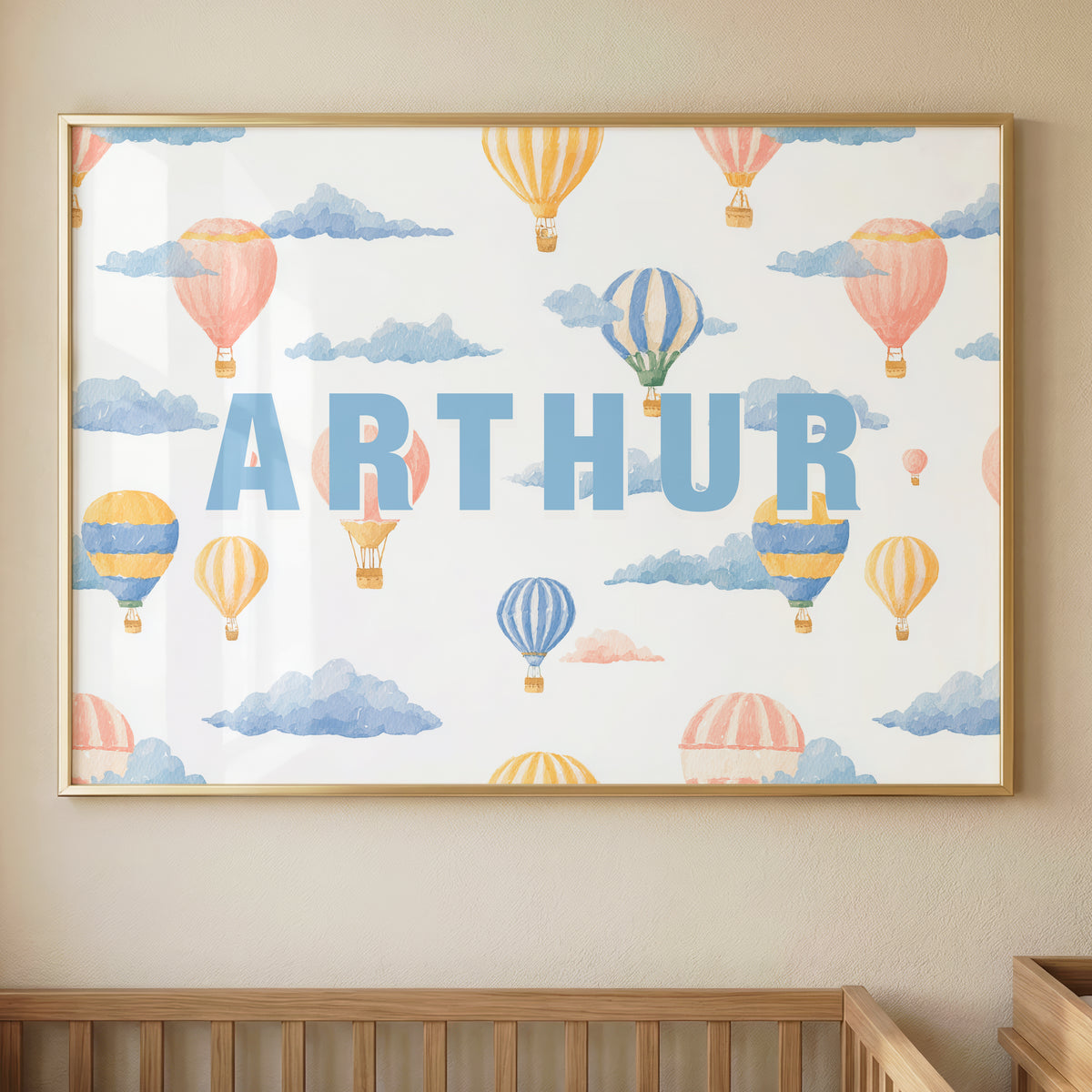 Personalised Hot Air Balloon Name Print – Watercolour Nursery Wall Art