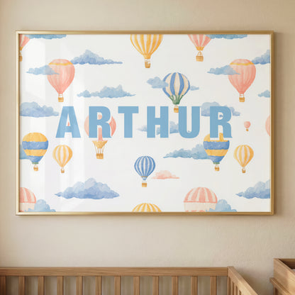 Personalised Hot Air Balloon Name Print – Watercolour Nursery Wall Art