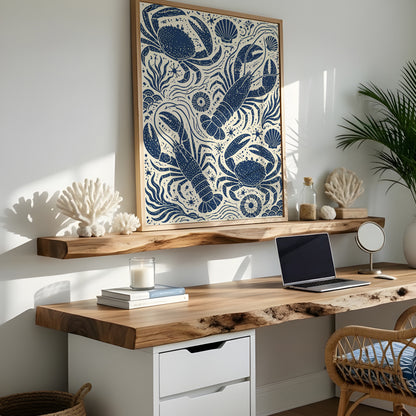 Coastal Seafood Pattern Print Nautical Wall Art Crab Lobster Poster Beach House Decor Blue White Ocean Kitchen Art A4 A3 A2 A1 Unframed