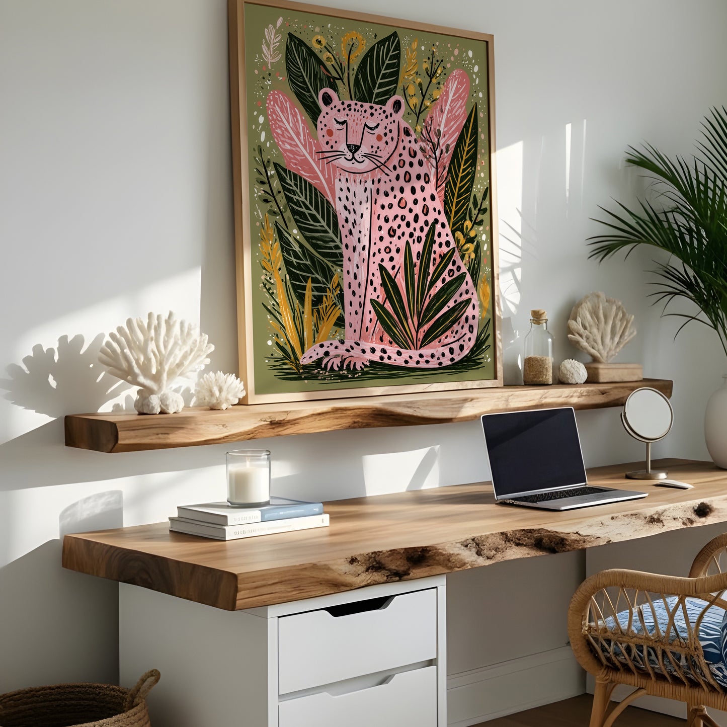 Pink Leopard Wall Art Print, Boho Jungle Animal Poster, Folk Art Botanical Decor, Maximalist Leopard Print, A4 A3 A2 A1