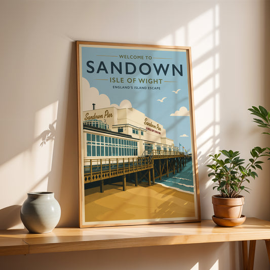 Sandown Isle of Wight Print Vintage Travel Poster Beach Pier Wall Art UK Coastal Decor Seaside Illustration Retro Tourism A4 A3 A2 A1
