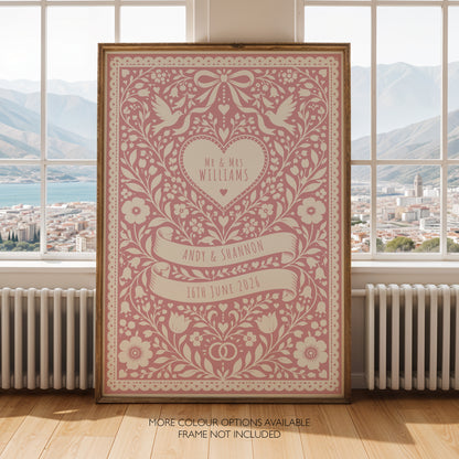 Personalised Folk Art Wedding Print – Custom Couple & Wedding Date Wall Art