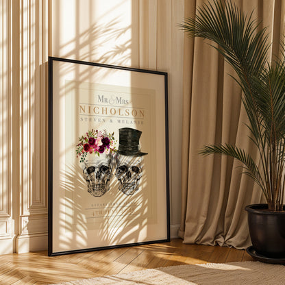 Personalised Skull Couple Wedding Print – Alternative Gothic Wall Art